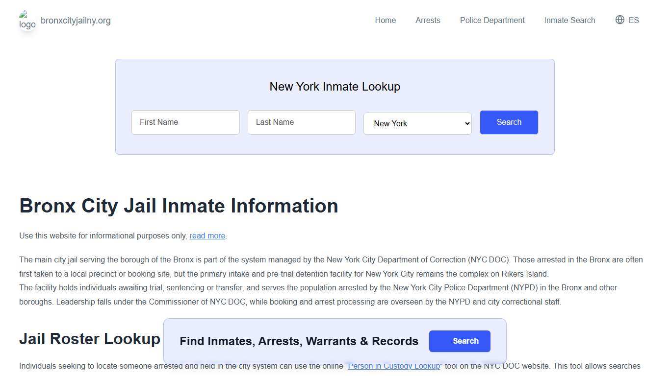 Bronx Jail, NY Inmate Roster, Municipal Jail Info